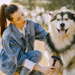 Tutora escovando o pelo de um husky siberiano ao ar livre, num dia de sol
