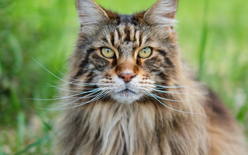 Gato maine coon de pelo longo tigrado e juba farta, com tufos nas orelhas, sentado na grama e olhando para a câmera