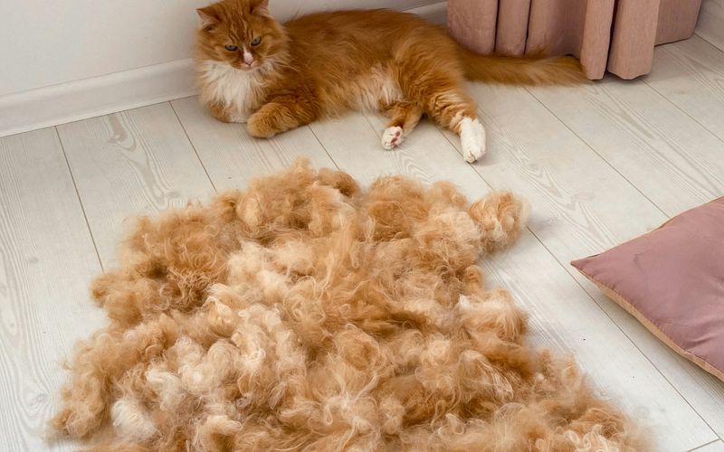 Gato laranja de pelo longo deitado no piso claro ao lado de um grande monte de pelos soltos tirados na escovação